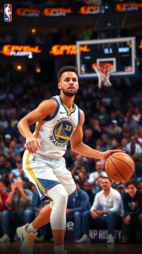 Steph Curry in action during Game 3 of the NBA playoffs, dribbling the ball with determination.